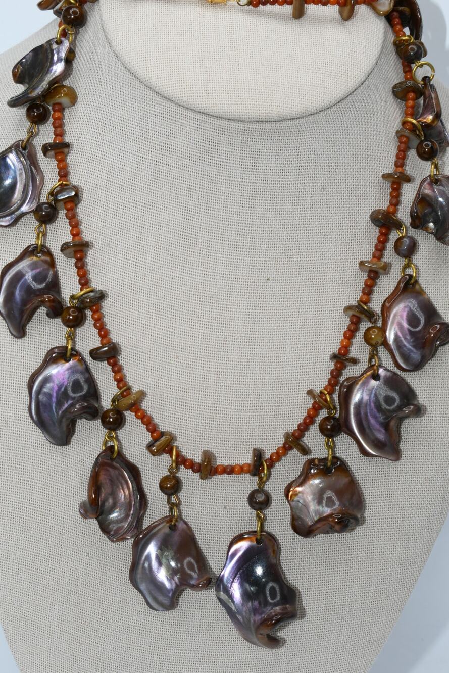 Artisan Boho Shell Necklace Glass Seed Beads Brown Purple 26 Inch